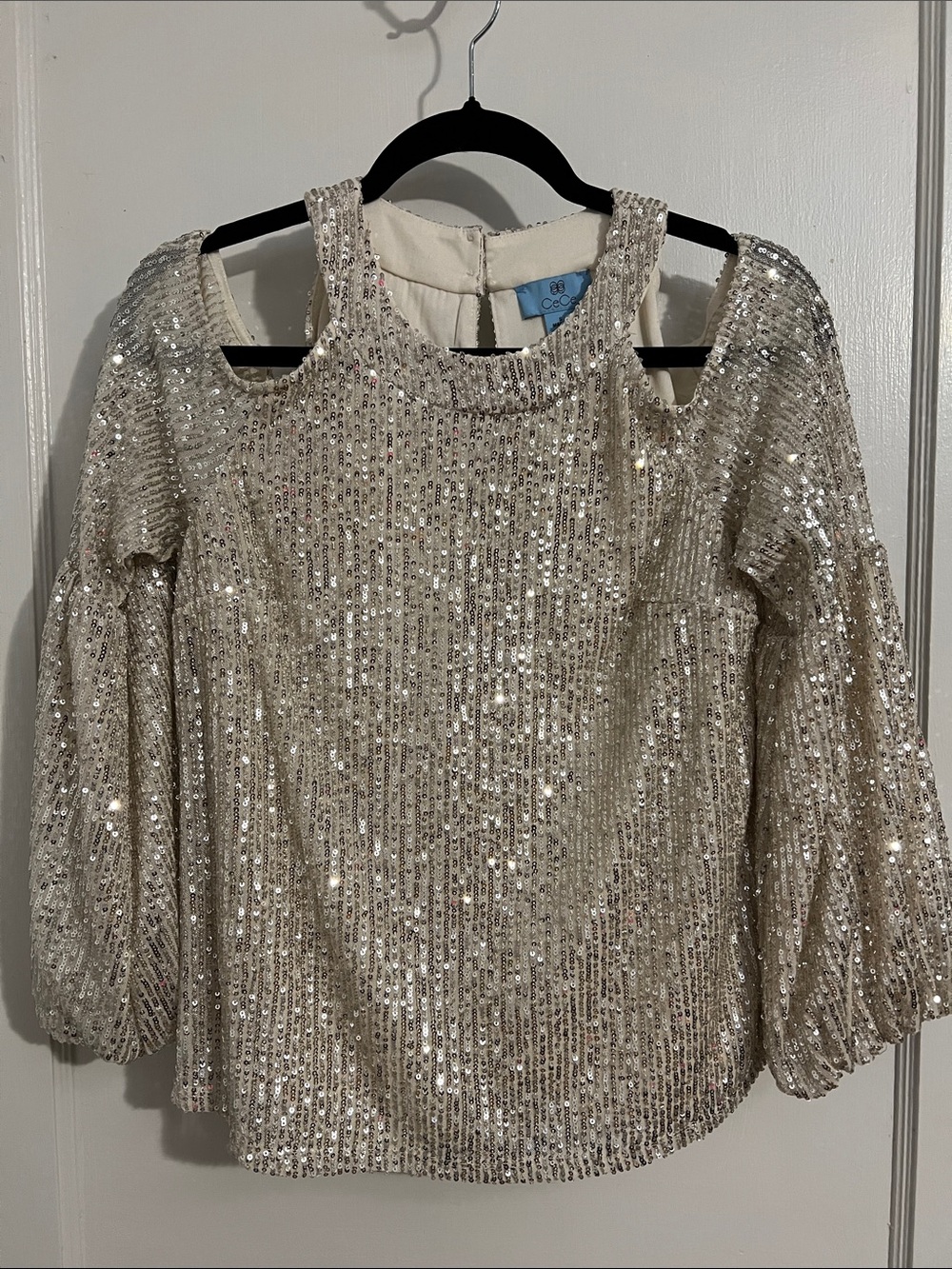CeCe Ivory Sequin Cold-Shoulder Blouse with Balloon Sleeves